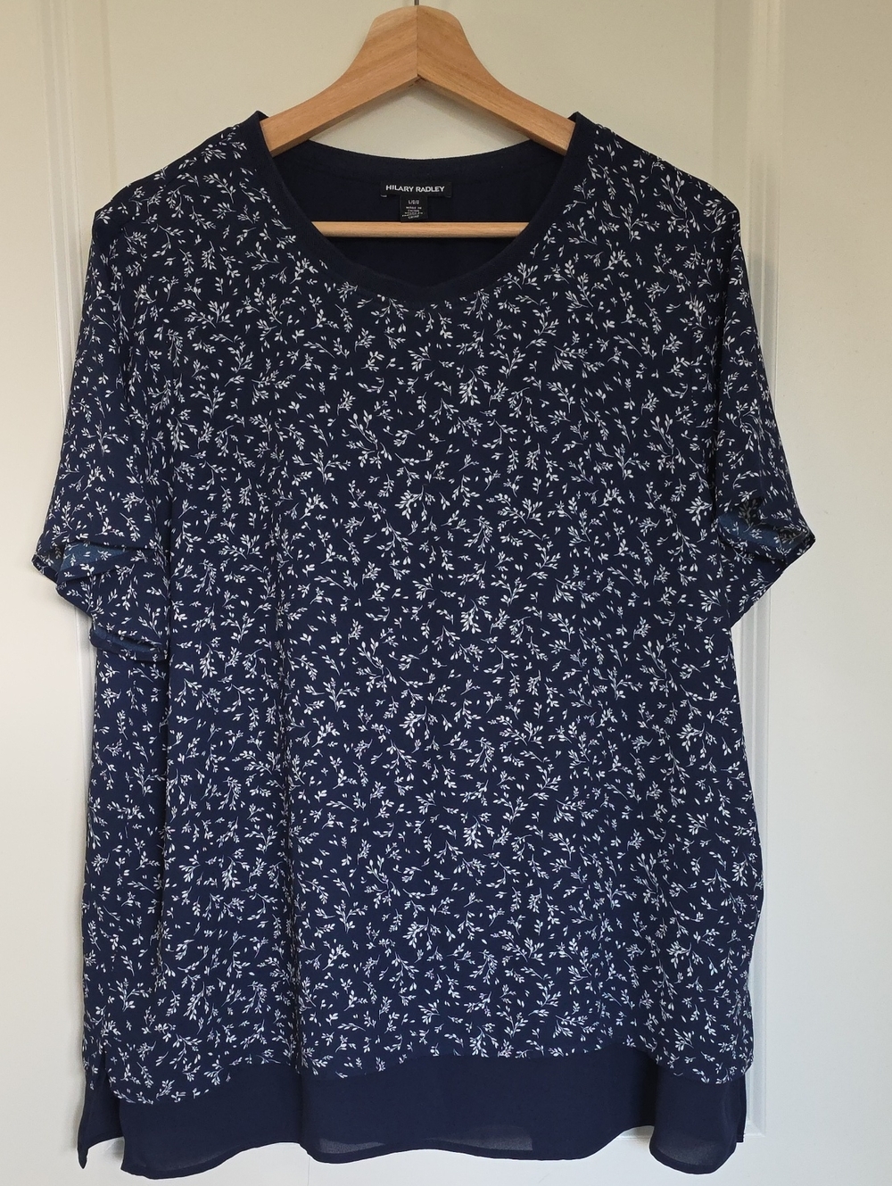 Hilary Radley Navy Blue Short Sleeve Floral V-Neck Shirt